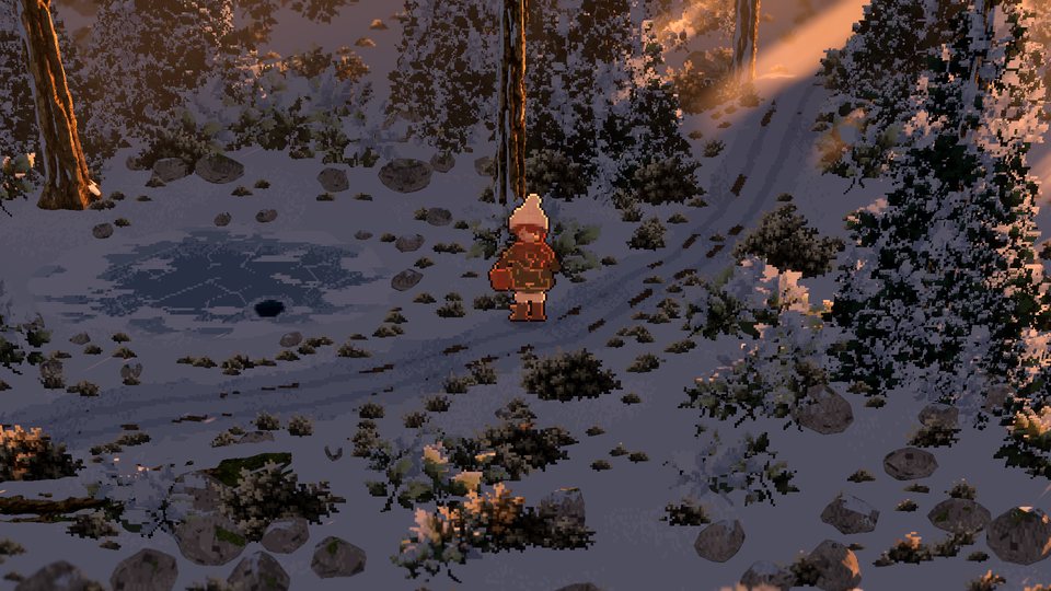 Evening light over the snowy hollow.