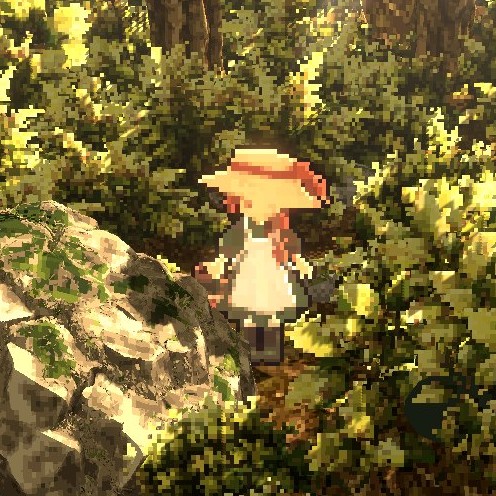 The pixel character standing on the forest path in game, beside a mossy boulder.