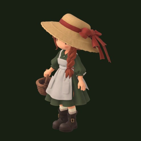 3D model of the main character: straw hat with a red ribbon, braids, green dress, white apron and a basket.