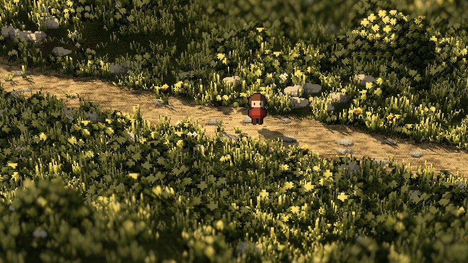Early version: a flat path through grass and bushes, with a simple placeholder character.