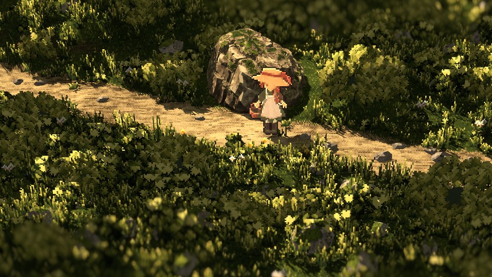 Second version: the real character and a mossy boulder on the same path.