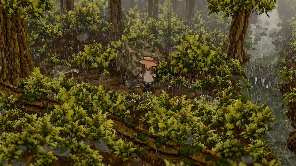 Rain falling over the forest path in grey light.